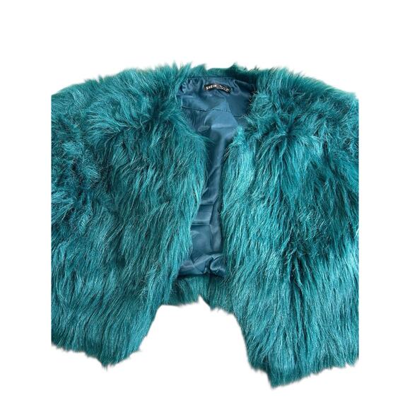 Shein Shaggy Teal Faux Fur Jacket Sz Small Short Open Front Fashion - Picture 3 of 8